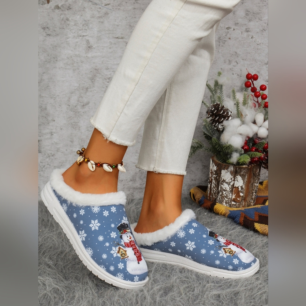 Snowman Print Flat Slippers with Faux Fur